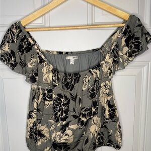 Floral Off-Shoulder Top - Black and Cream